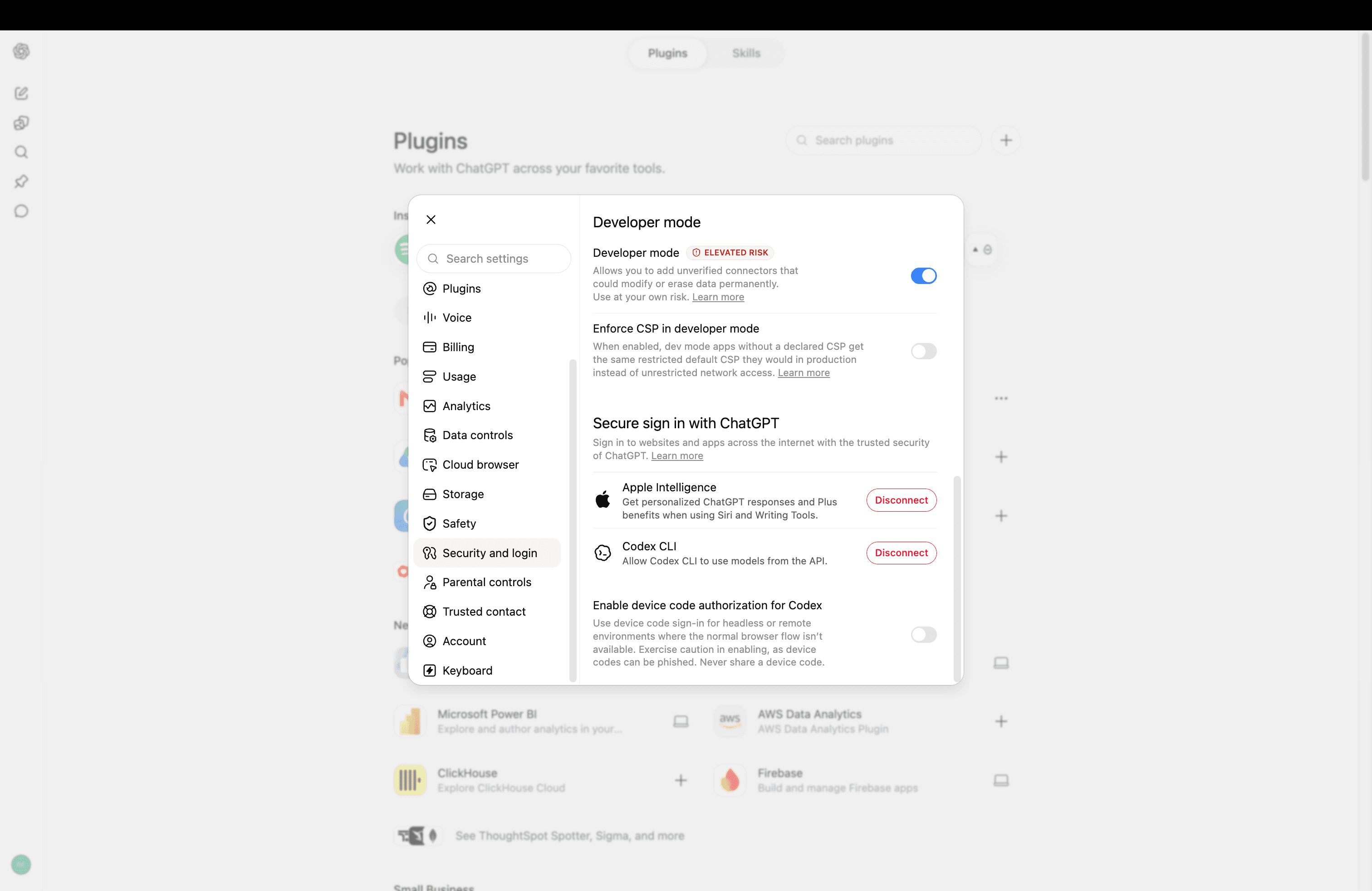 ChatGPT Security and login settings with Developer mode enabled