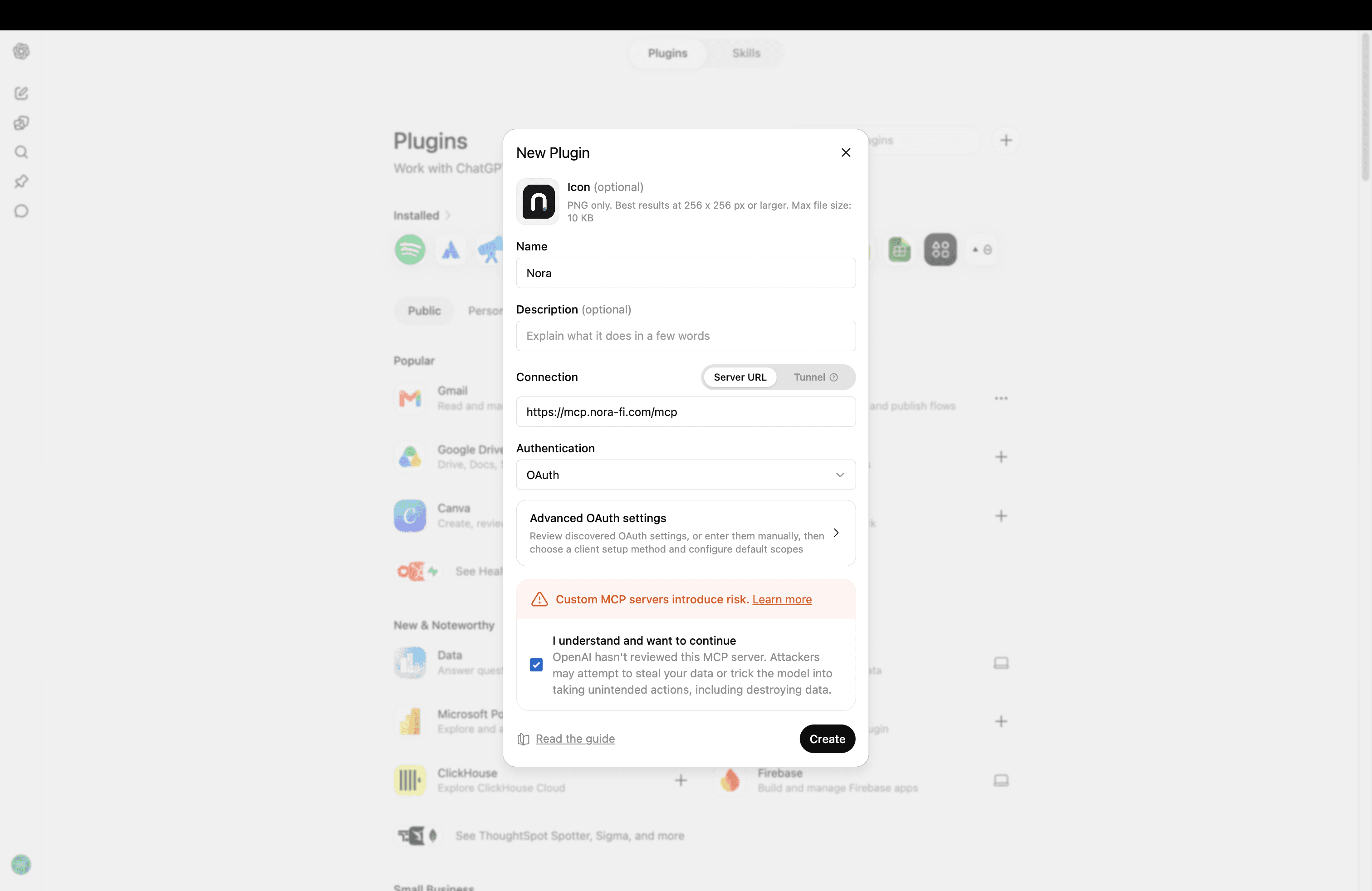 ChatGPT New Plugin form filled with Nora and the Nora MCP server URL