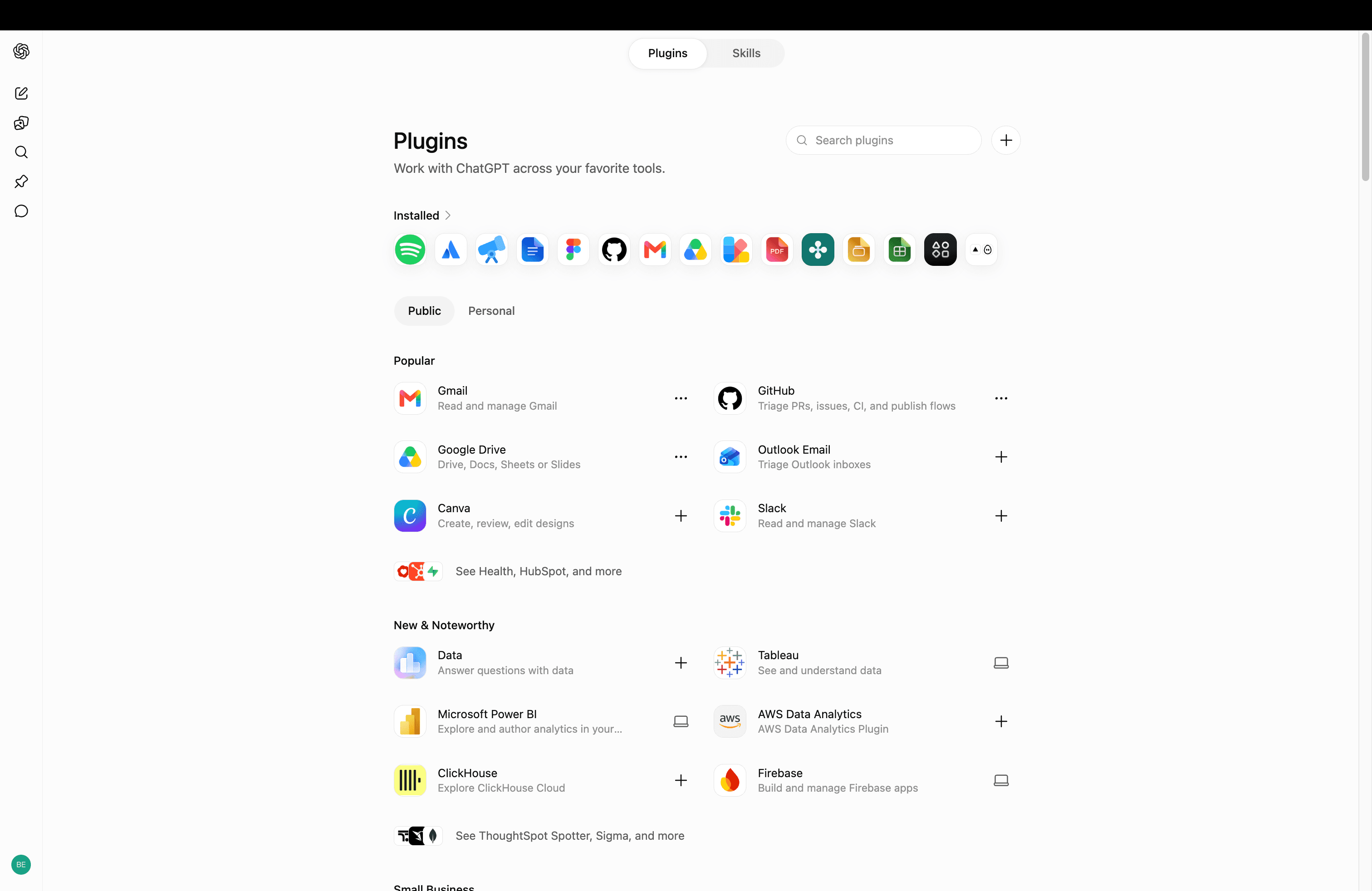 ChatGPT Plugins page with the create plugin button