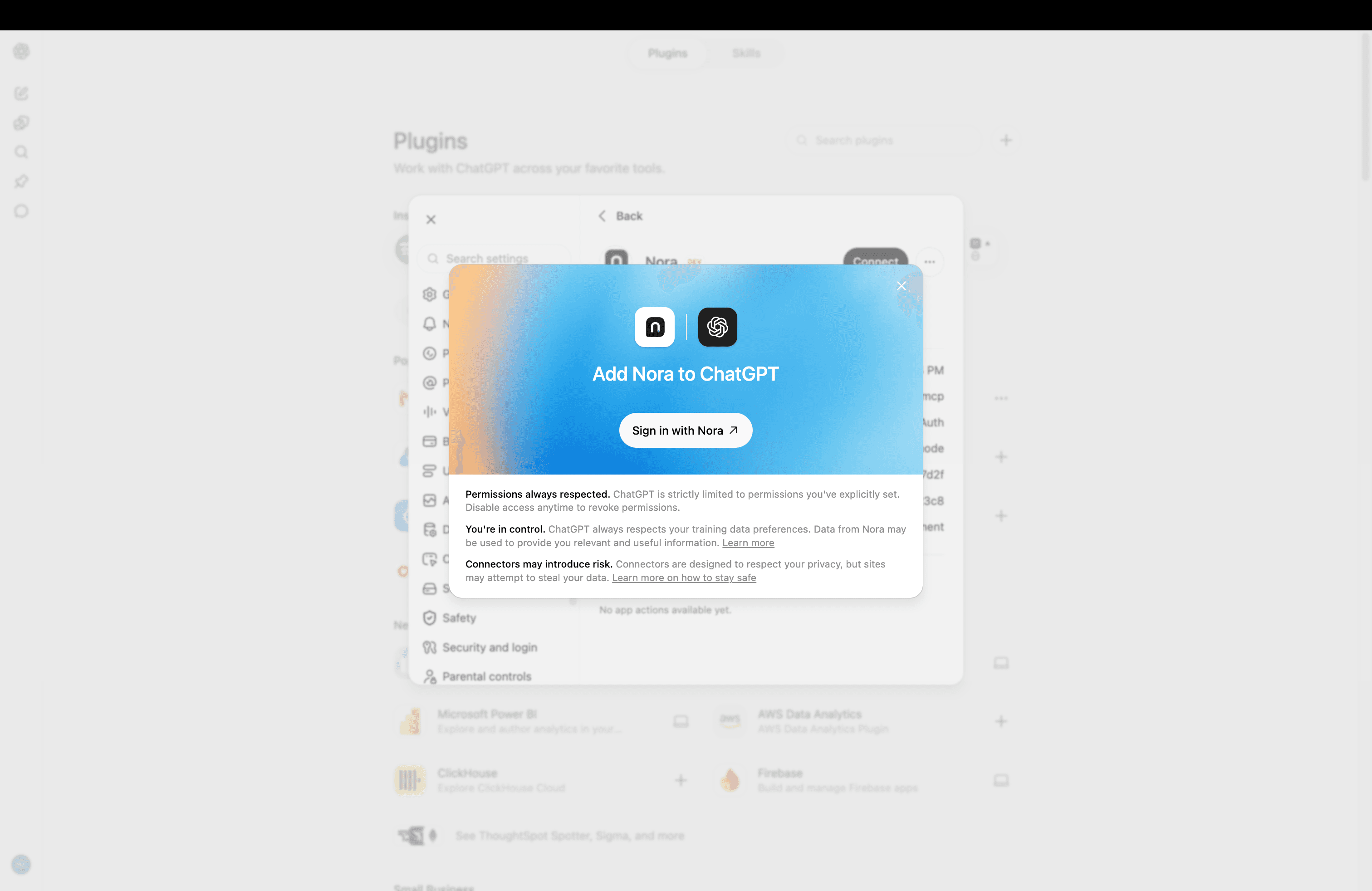 ChatGPT dialog with a Sign in with Nora button