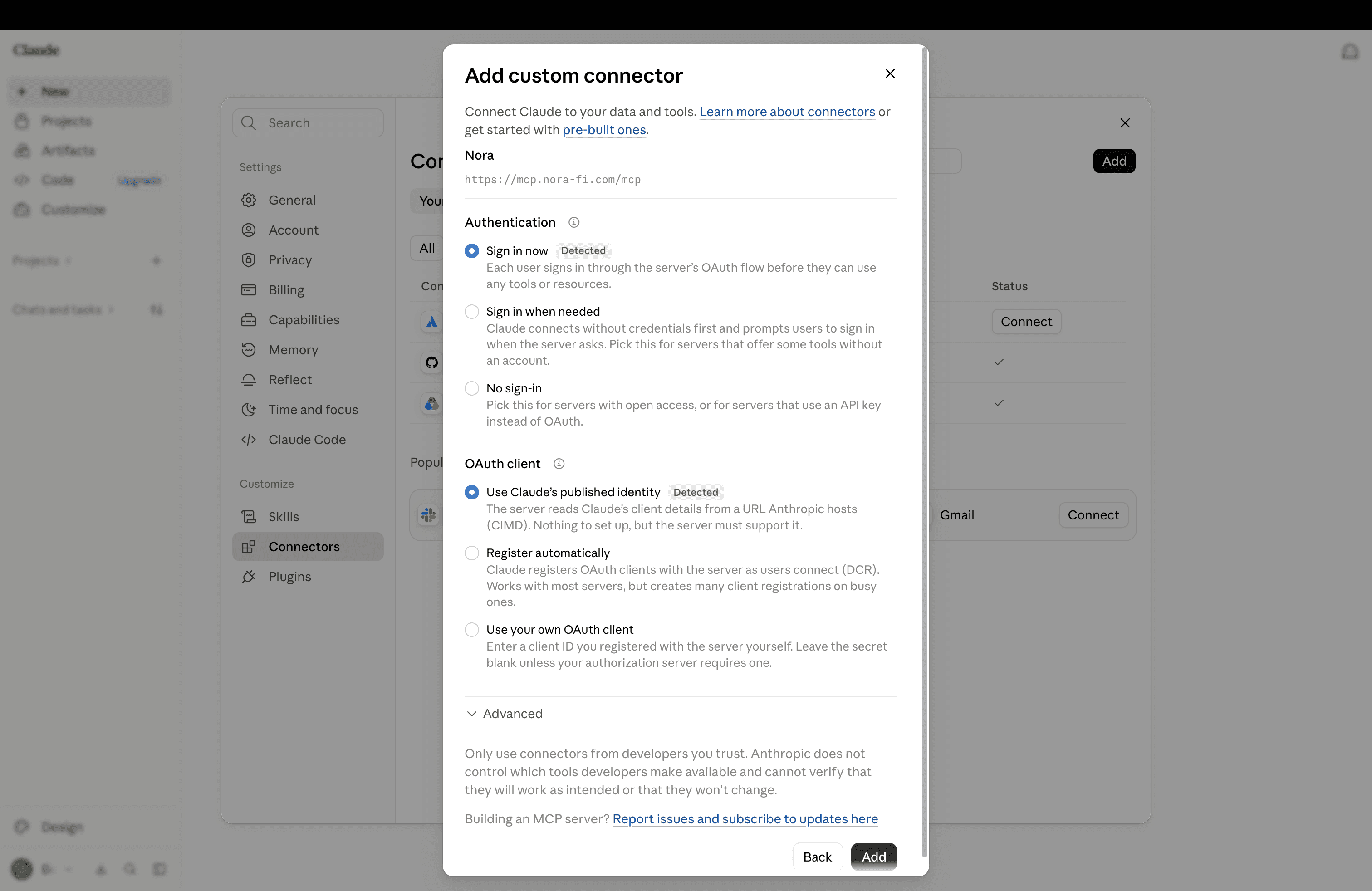 Boîte de dialogue Ajouter un connecteur personnalisé de Claude, remplie avec Nora et l’URL du serveur MCP