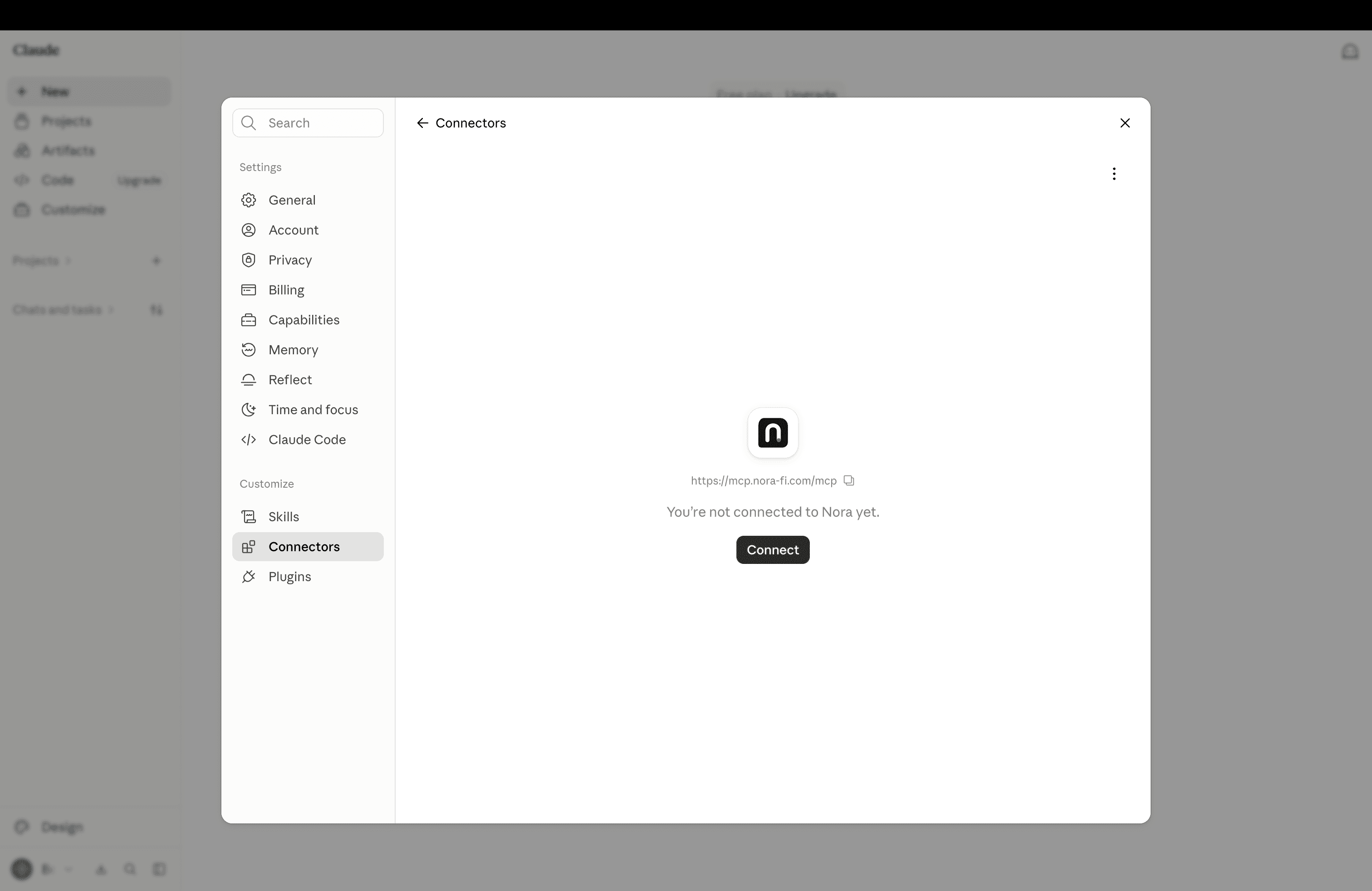 Page du connecteur Claude indiquant que Nora n’est pas encore connecté