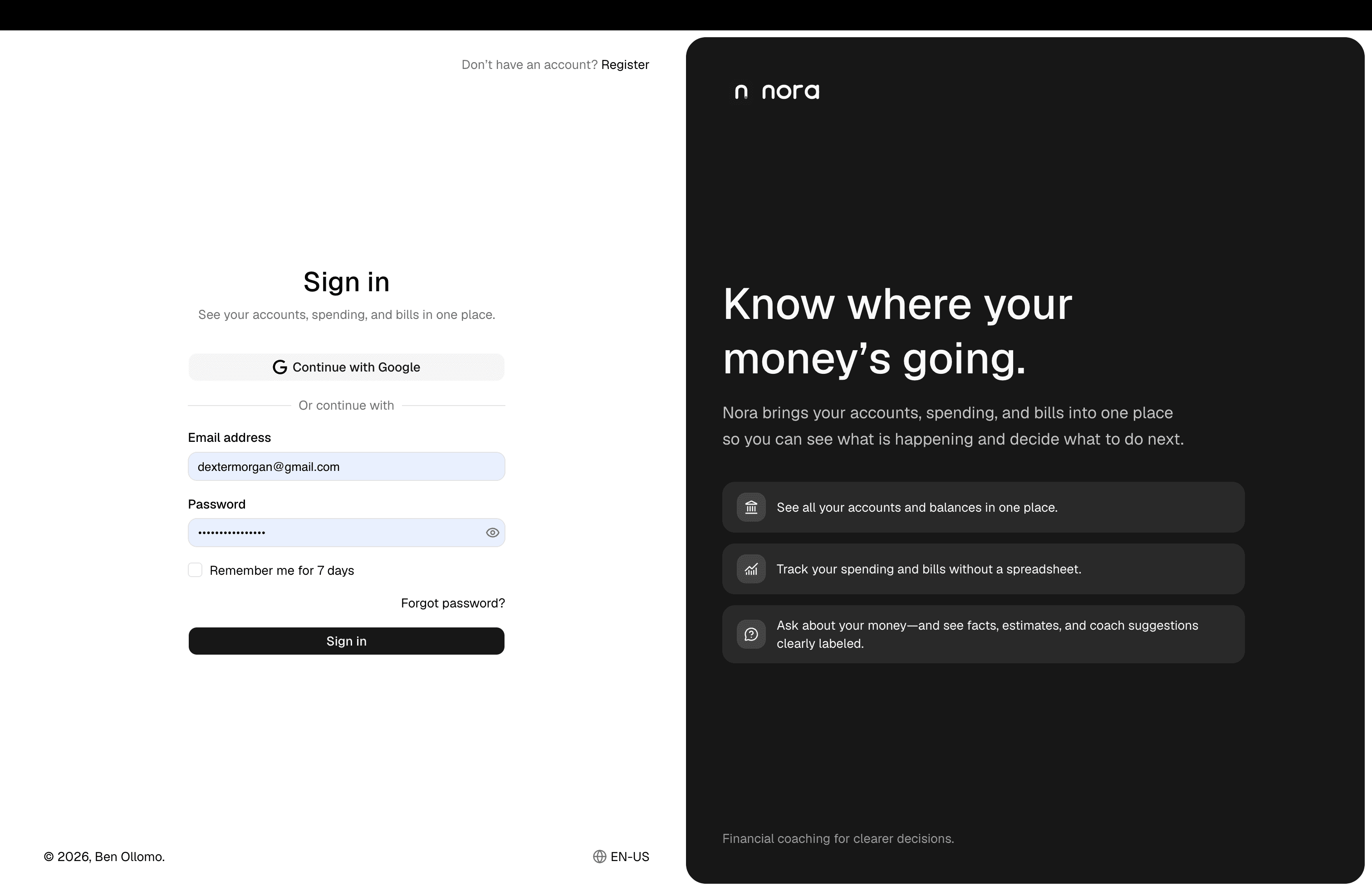 Page de connexion à Nora